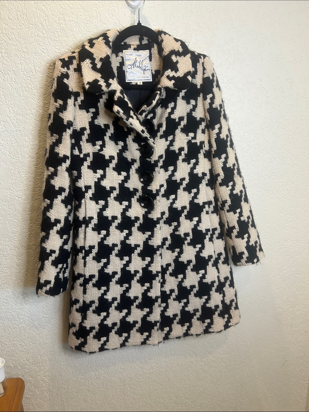 Milly of New York Black and Cream Houndstooth Peacoat